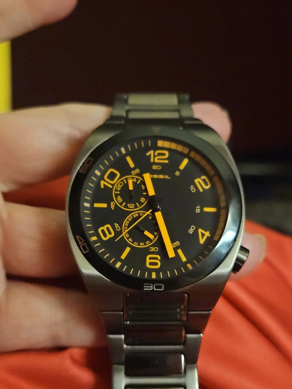 Fossil Men's Black and Orange Stainless Steel Chronograph Watch